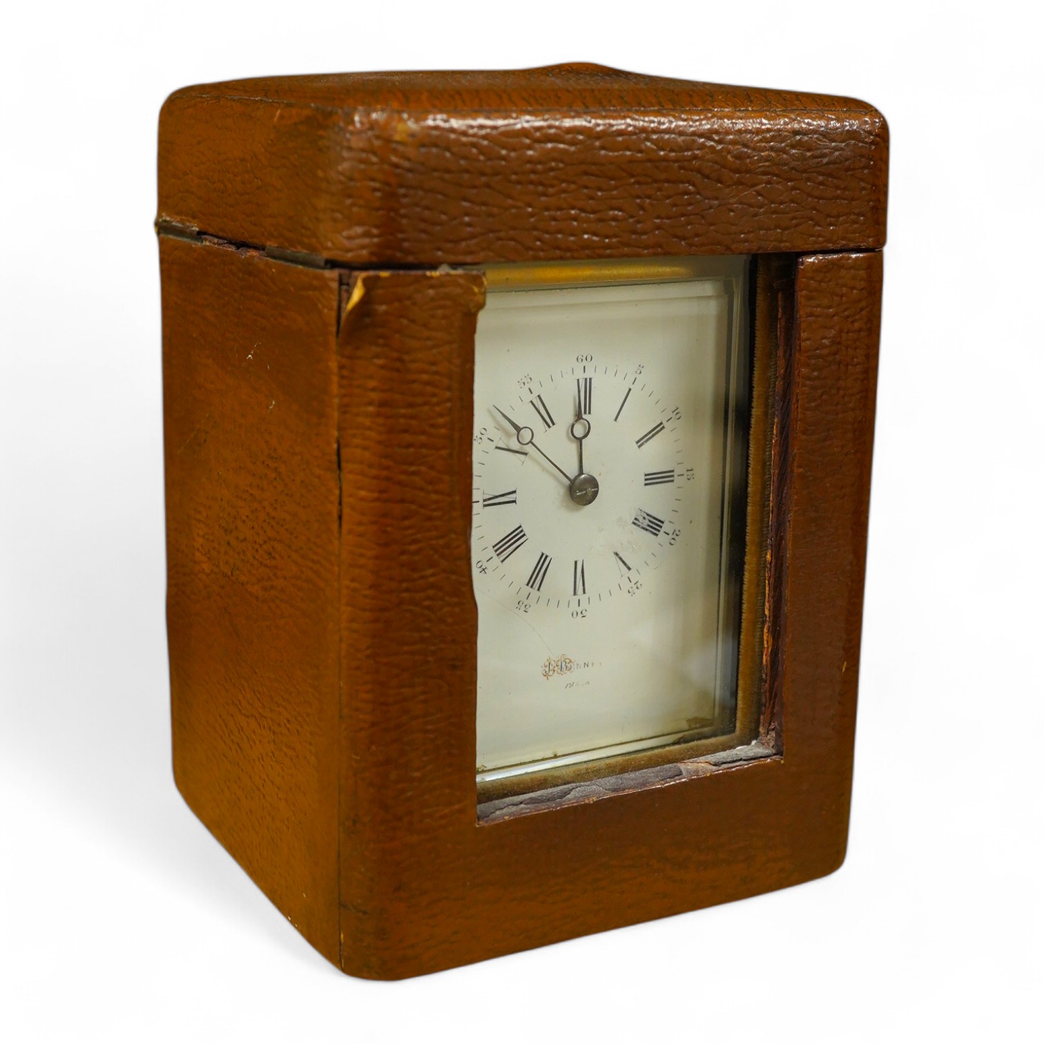 A French brass cased repeating carriage clock, striking on a bell, with key and case, 16cm high. Condition - fair, untested